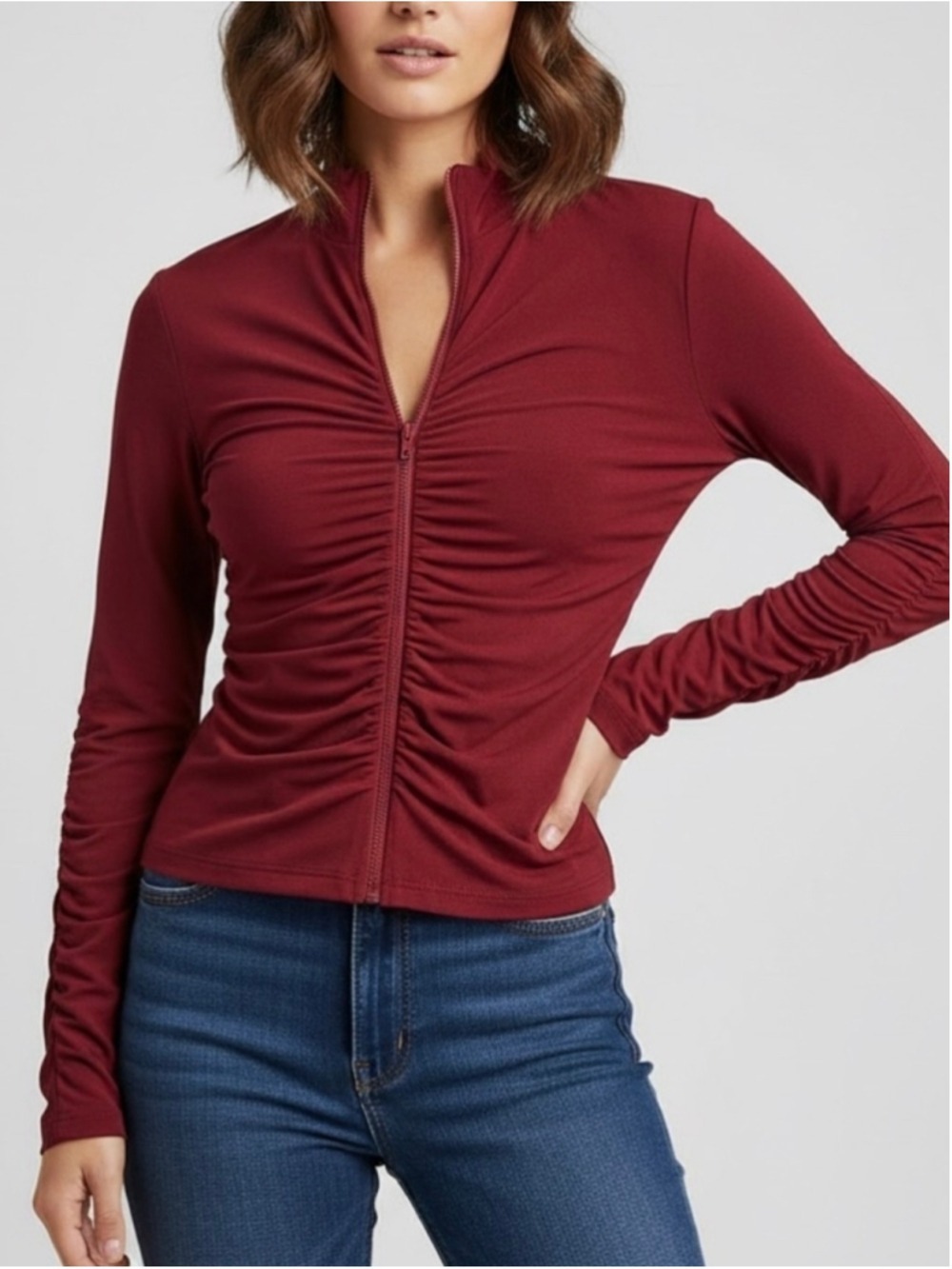 Sympli Ruched Zip Up Jacket Size 10 Red Stretchy 2 Ply
